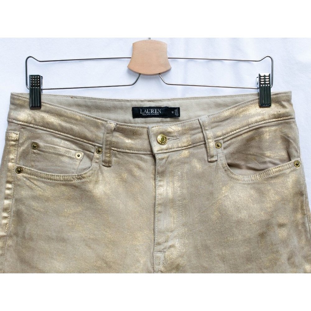 NWT Ralph Lauren Womens Metallic Gold Sz 12 Mid Rise Skinny Ankle Stretch Jeans - Picture 3 of 6